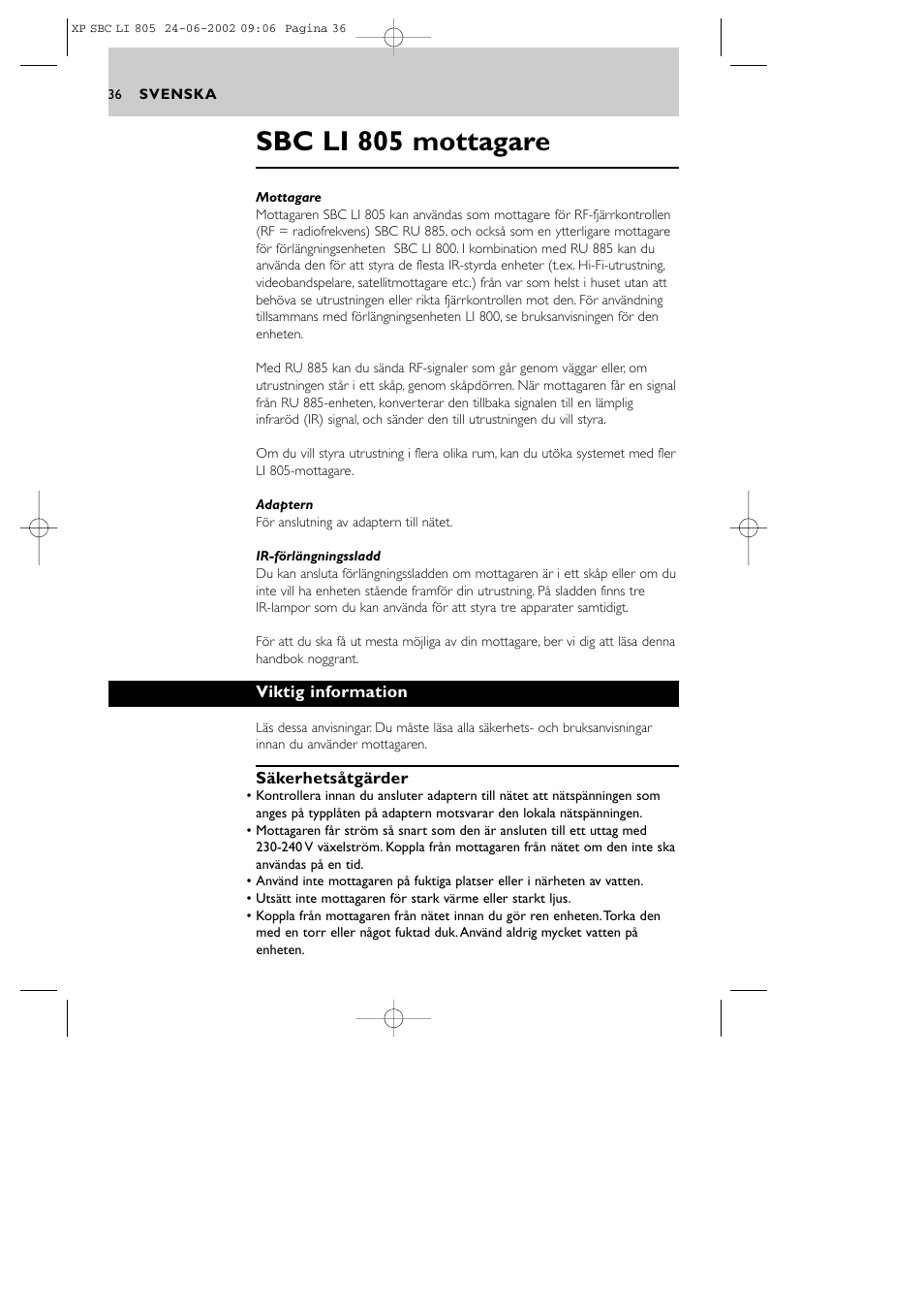 Sbc li 805 mottagare | Philips SBCLI805 User Manual | Page 36 / 52