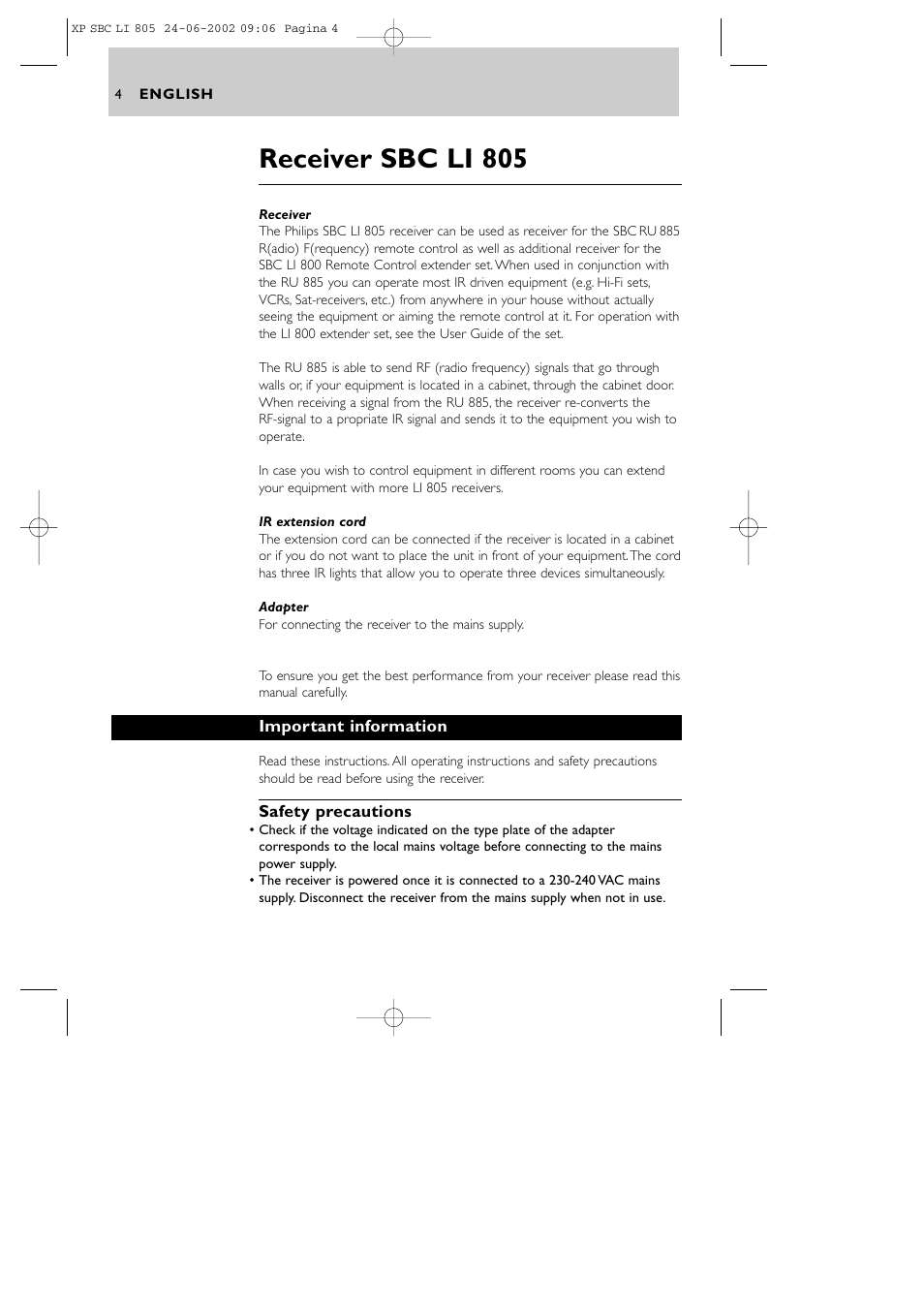 Receiver sbc li 805 | Philips SBCLI805 User Manual | Page 4 / 52