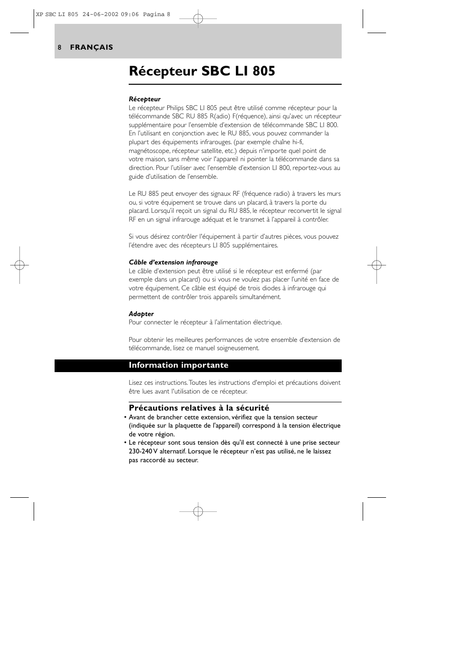 Récepteur sbc li 805 | Philips SBCLI805 User Manual | Page 8 / 52