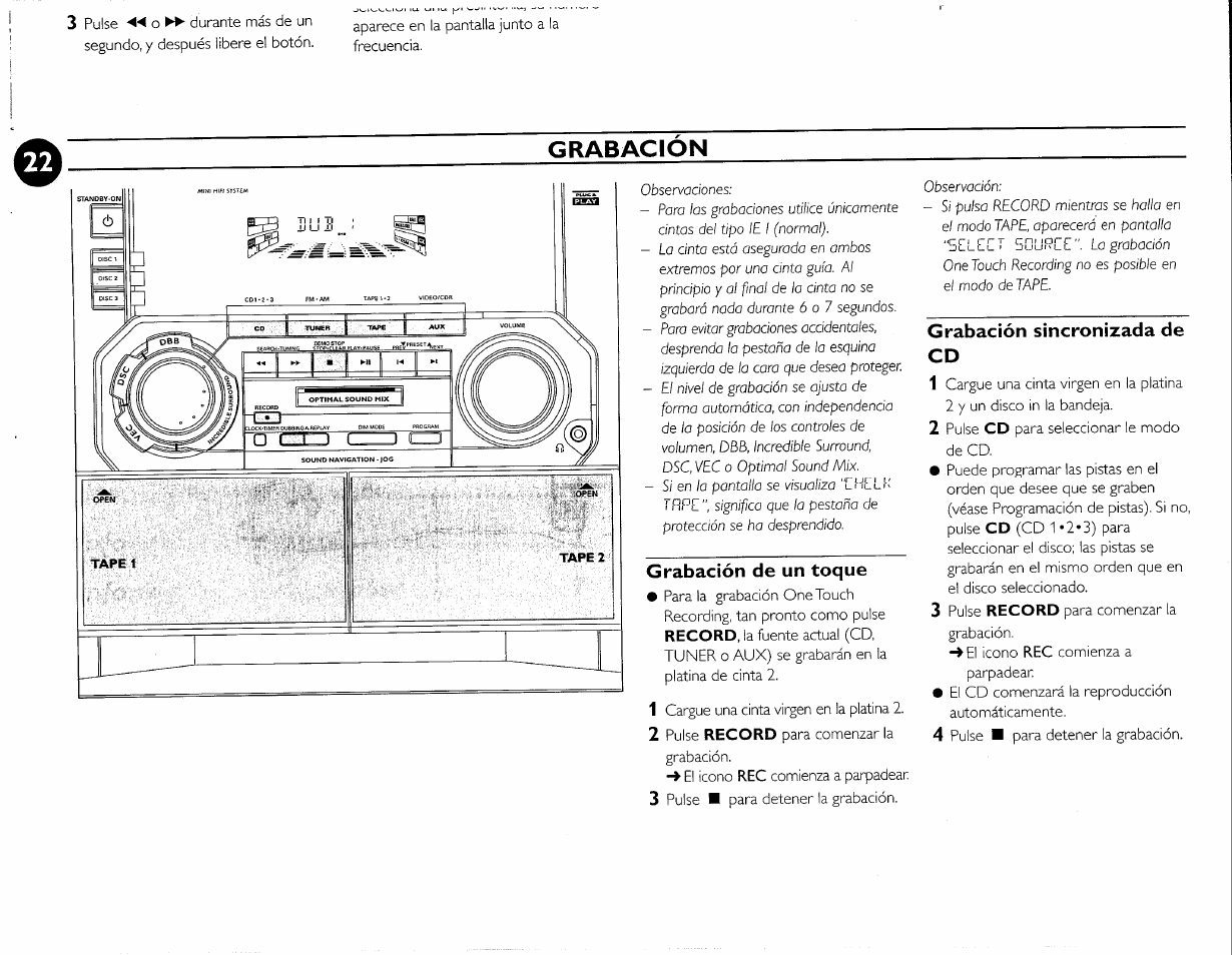 Grabación de un toque, Grabación sincronizada de cd, Grabacion | Philips FWC380 User Manual | Page 105 / 180