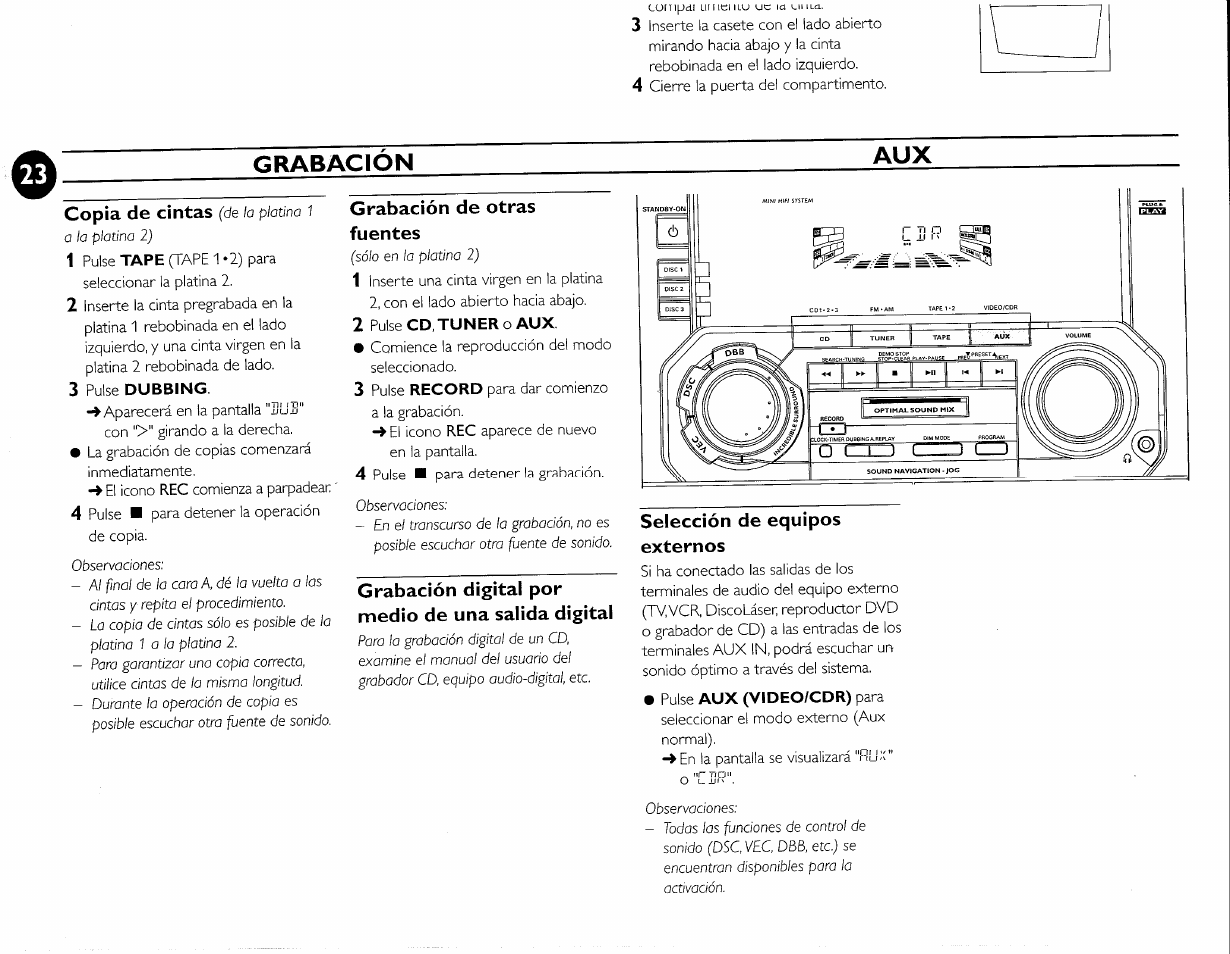 Grabacion, Grabación de otras fuentes, Grabación digital por medio de una salida digital | Selección de equipos externos, Grabacion aux, Copia de cintas | Philips FWC380 User Manual | Page 107 / 180