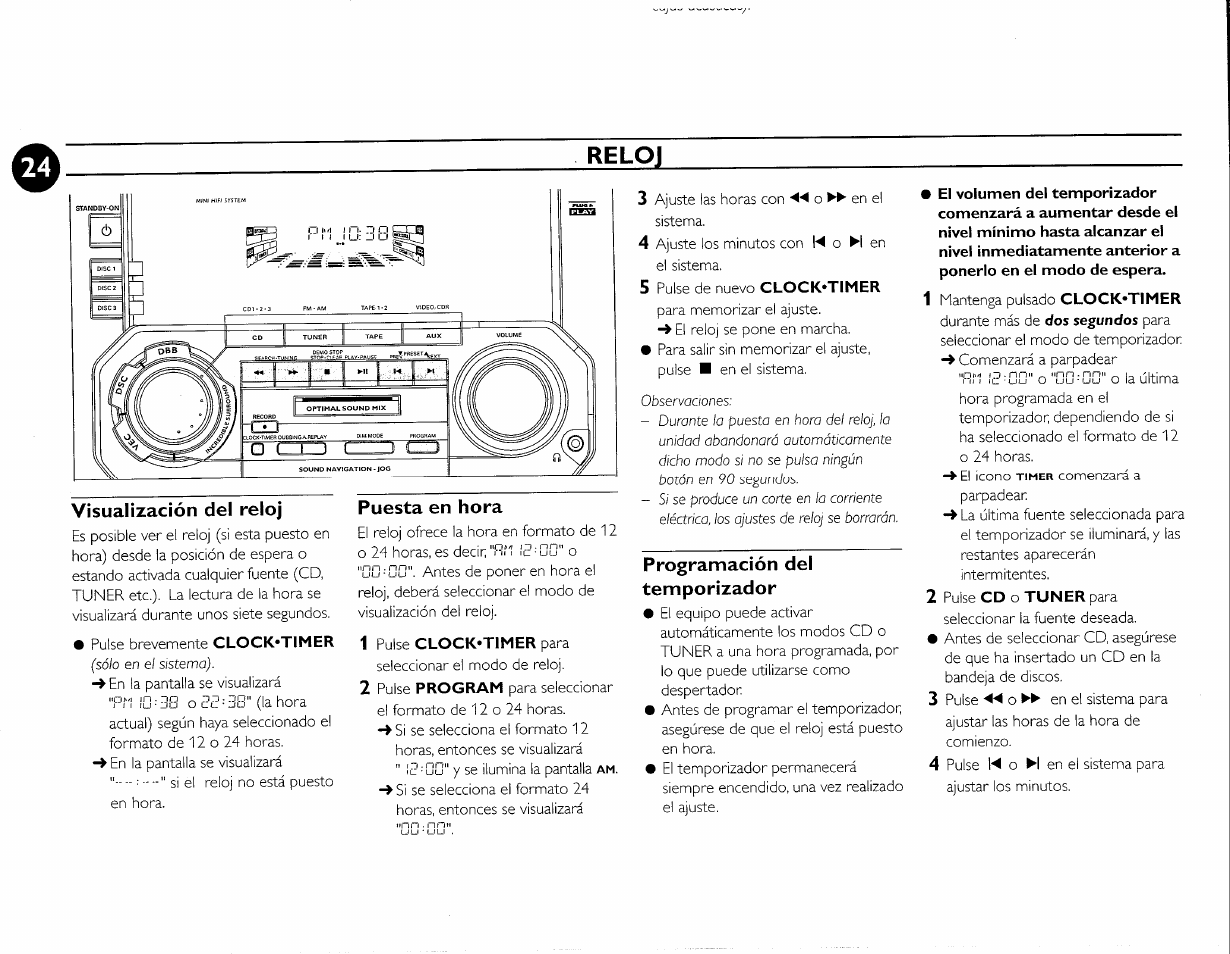 Visualización del reloj, Puesta en hora, Programación del temporizador | Reloj | Philips FWC380 User Manual | Page 109 / 180