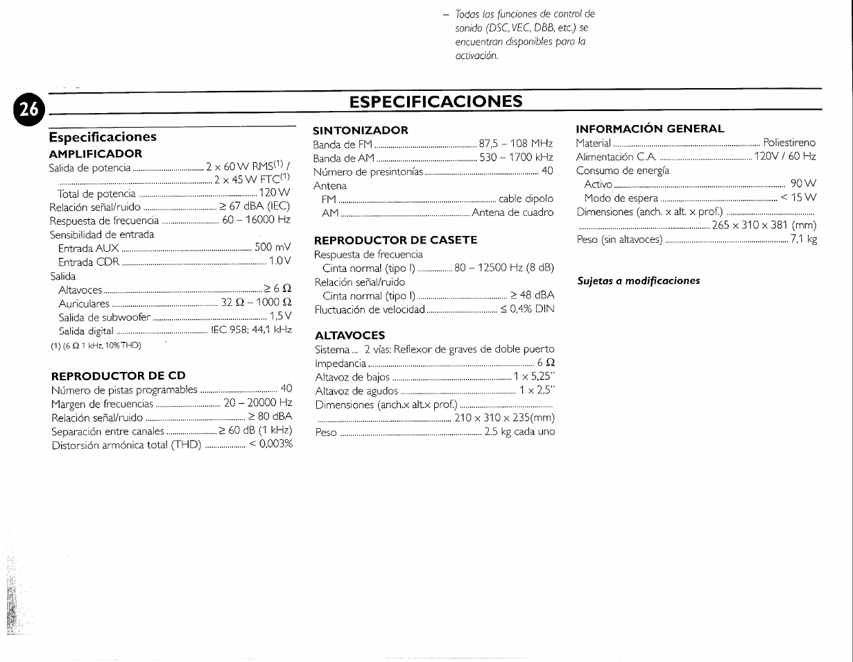 Especificaciones | Philips FWC380 User Manual | Page 113 / 180