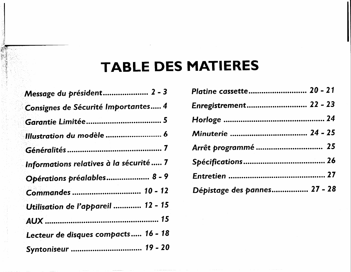 Table des matieres | Philips FWC380 User Manual | Page 123 / 180