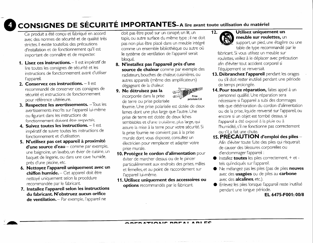 O consignes de sécurité importantes-a lire avant, O consignes de sécurité importantes, Lire avant | Philips FWC380 User Manual | Page 129 / 180