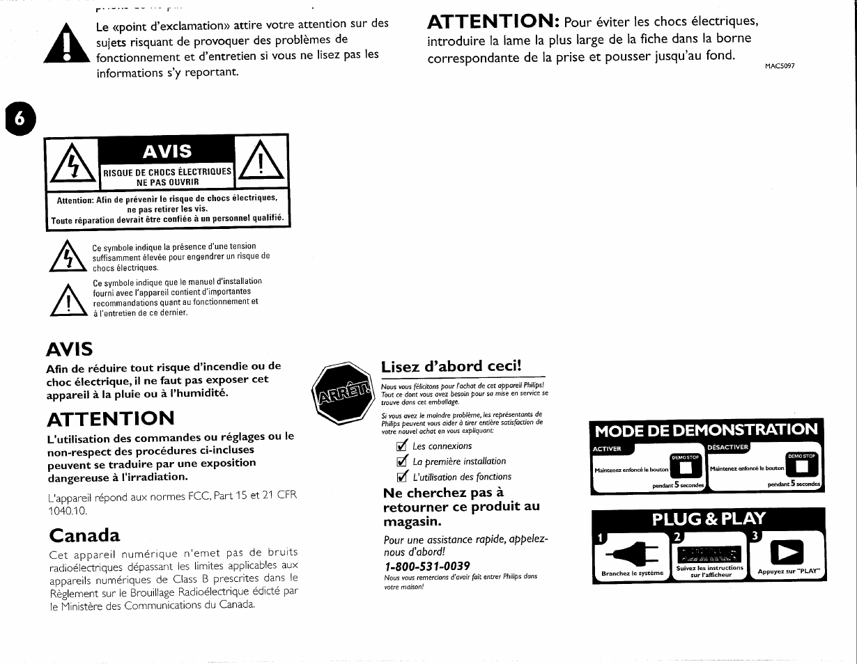 Avis, Attention, Canada | Plug & play | Philips FWC380 User Manual | Page 133 / 180