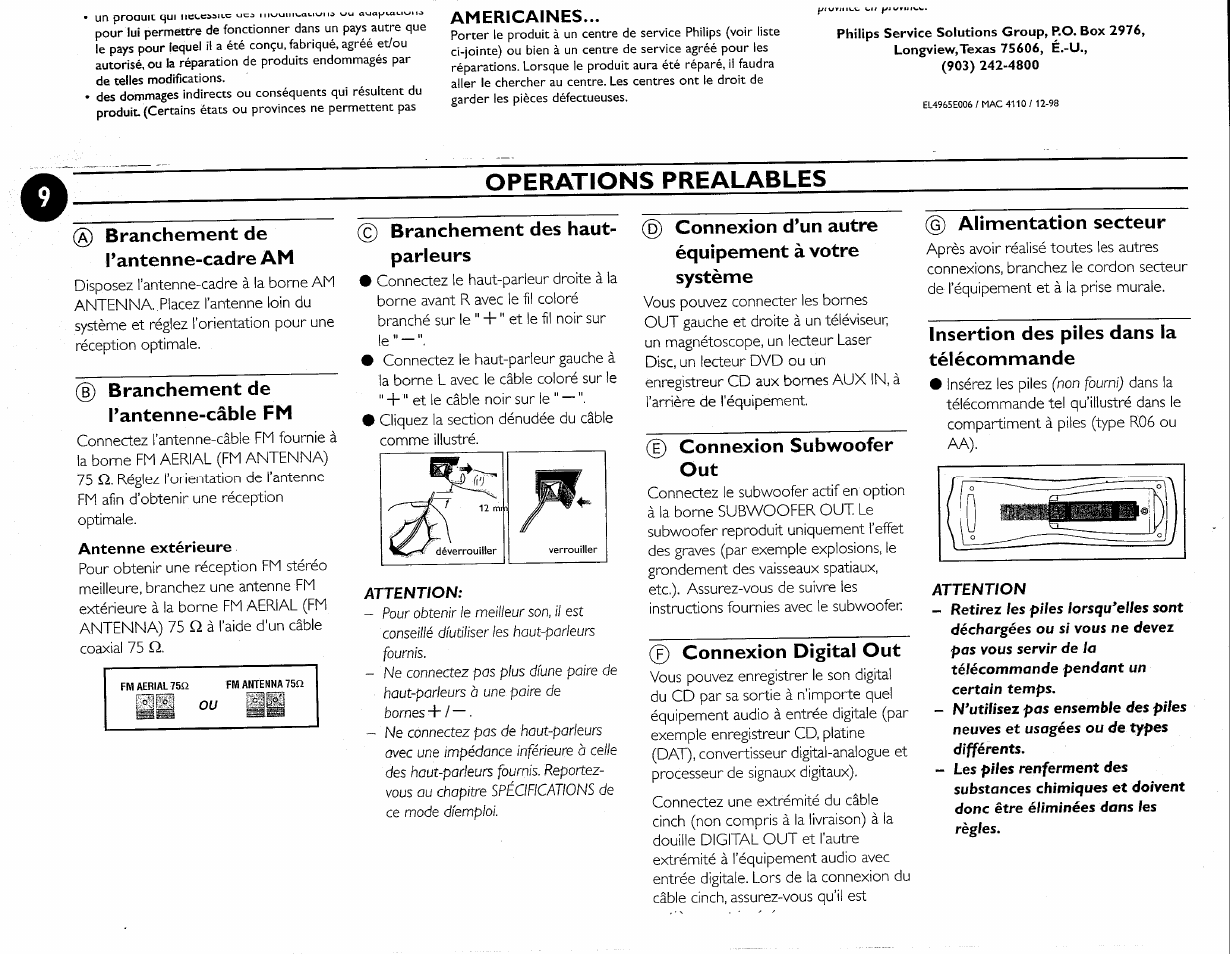 Operations prealables, Branchement de l’antenne-cadre am, D branchement de l’antenne-câble fm | Branchement des haut- parleurs, Connexion d’un autre équipement à votre système, Connexion subwoofer out, Connexion digital out, Alimentation secteur, Insertion des piles dans la télécommande | Philips FWC380 User Manual | Page 139 / 180