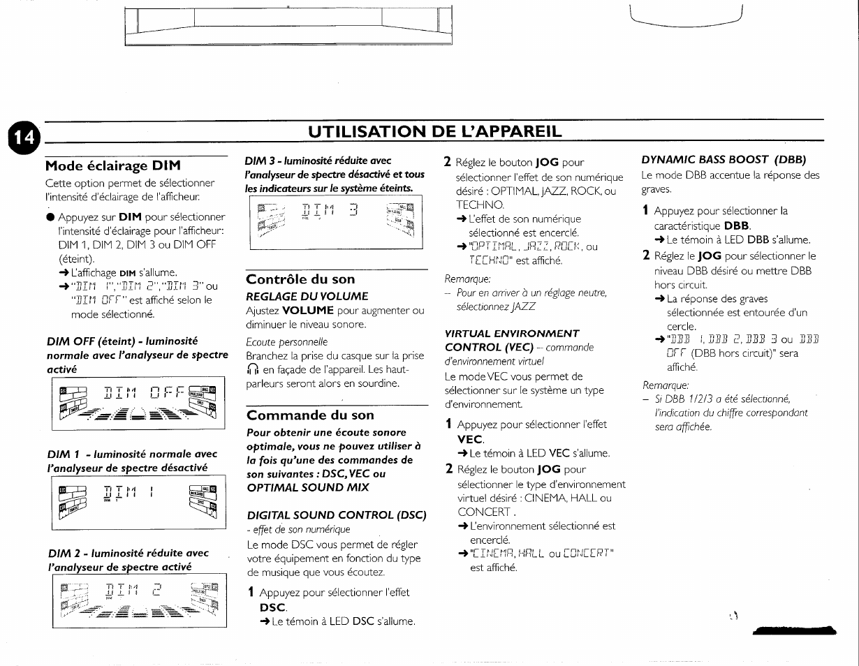 Utilisation de l’appareil, Mode éclairage dim, Contrôle du son | Commande du son | Philips FWC380 User Manual | Page 149 / 180