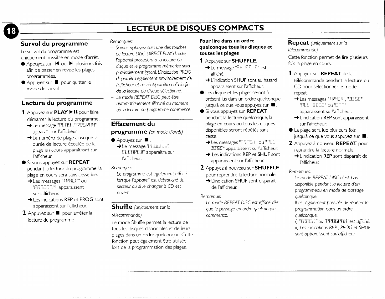 Survol du programme, Lecture du programme, Effacement du programme (en mode d'arrêt) | Lecteur de disques compacts, Effacement du programme, Repeat | Philips FWC380 User Manual | Page 157 / 180