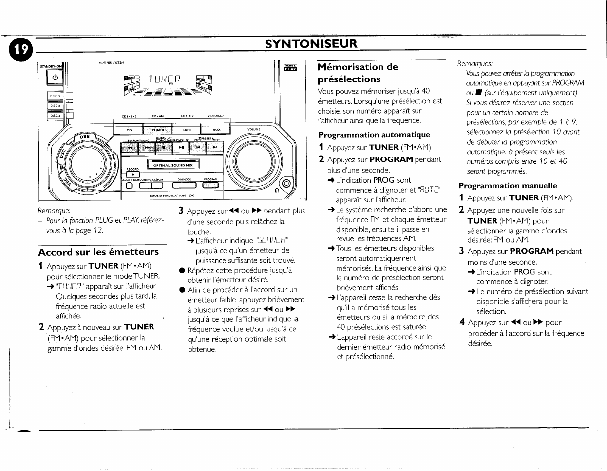 Accord sur les émetteurs, Mémorisation de présélections, Syntoniseur | Philips FWC380 User Manual | Page 159 / 180