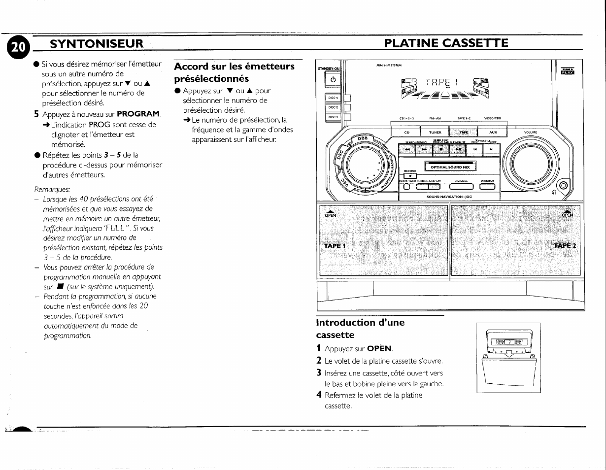 Platine cassette, Introduction d’une cassette, Syntoniseur platine cassette | Accord sur les émetteurs présélectionnés | Philips FWC380 User Manual | Page 161 / 180