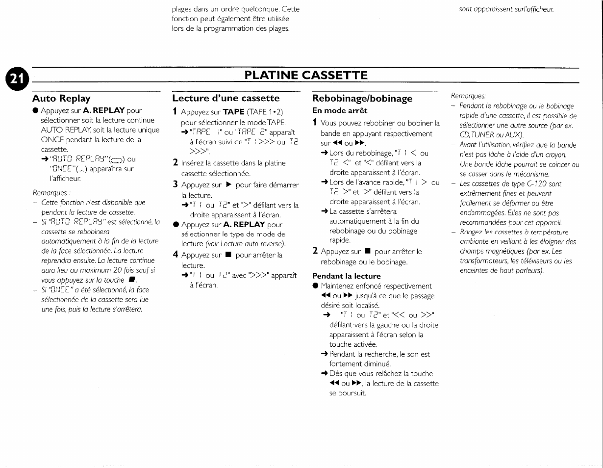 Auto replay, Lecture d’une cassette, Rebobinage/bobinage | Platine cassette | Philips FWC380 User Manual | Page 163 / 180