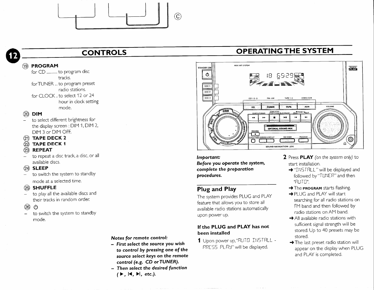 Operating the system, Plug and play, Controls operating the system | Philips FWC380 User Manual | Page 25 / 180