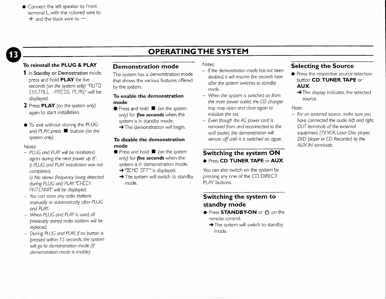 Operatingthe system, Demonstration mode, Switching the system on | Switching the system to standby mode, Selecting the source | Philips FWC380 User Manual | Page 27 / 180