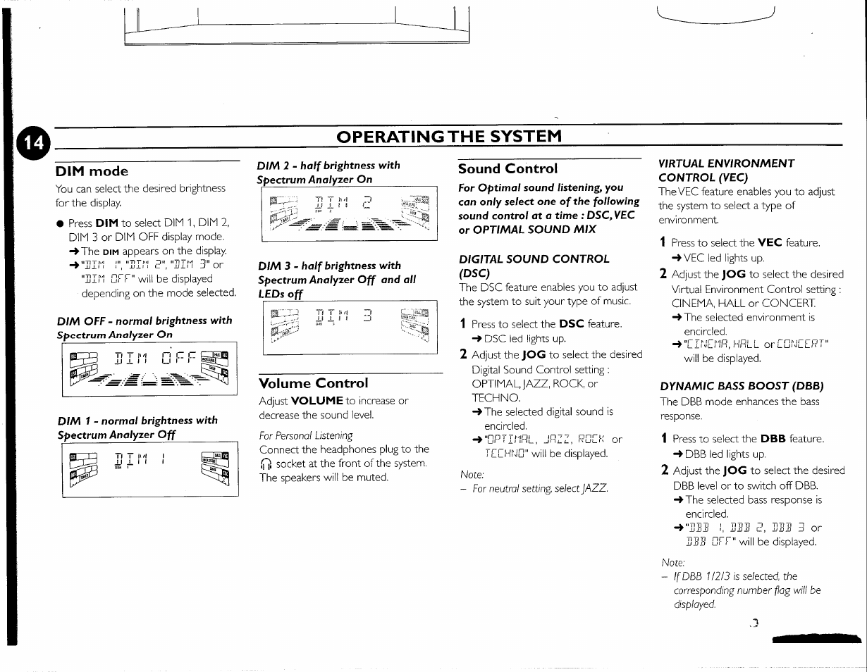 Operating the system, Dim mode, Sound control | Volume control | Philips FWC380 User Manual | Page 29 / 180