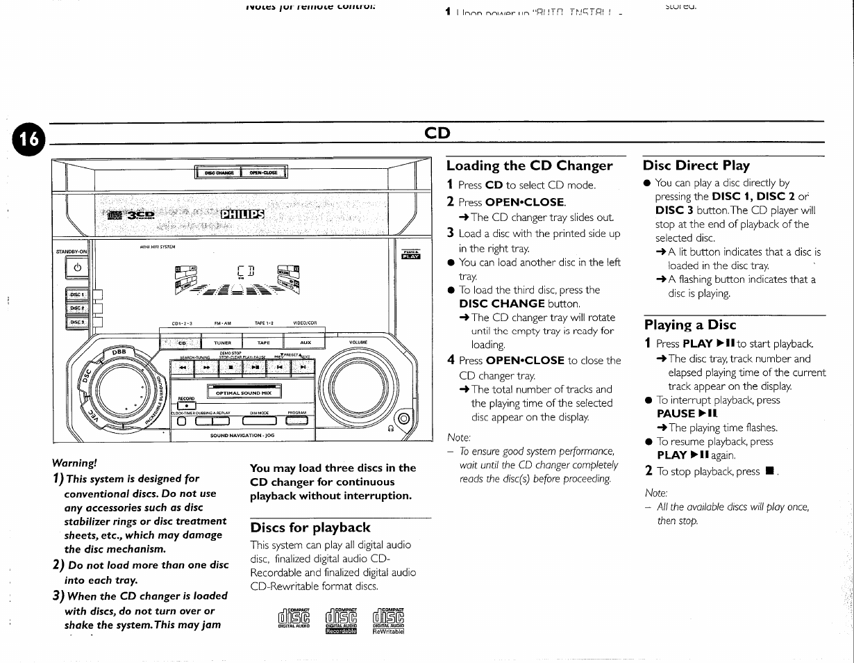 Discs for playback, Loading the cd changer, Disc direct play | Playing a disc | Philips FWC380 User Manual | Page 33 / 180