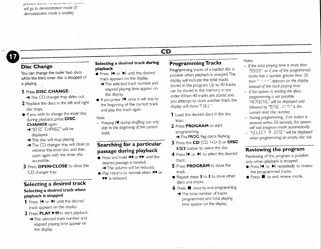 Disc change, Selecting a desired track, Searching for a particular passage during playback | Programming tracks, Reviewing the program | Philips FWC380 User Manual | Page 35 / 180