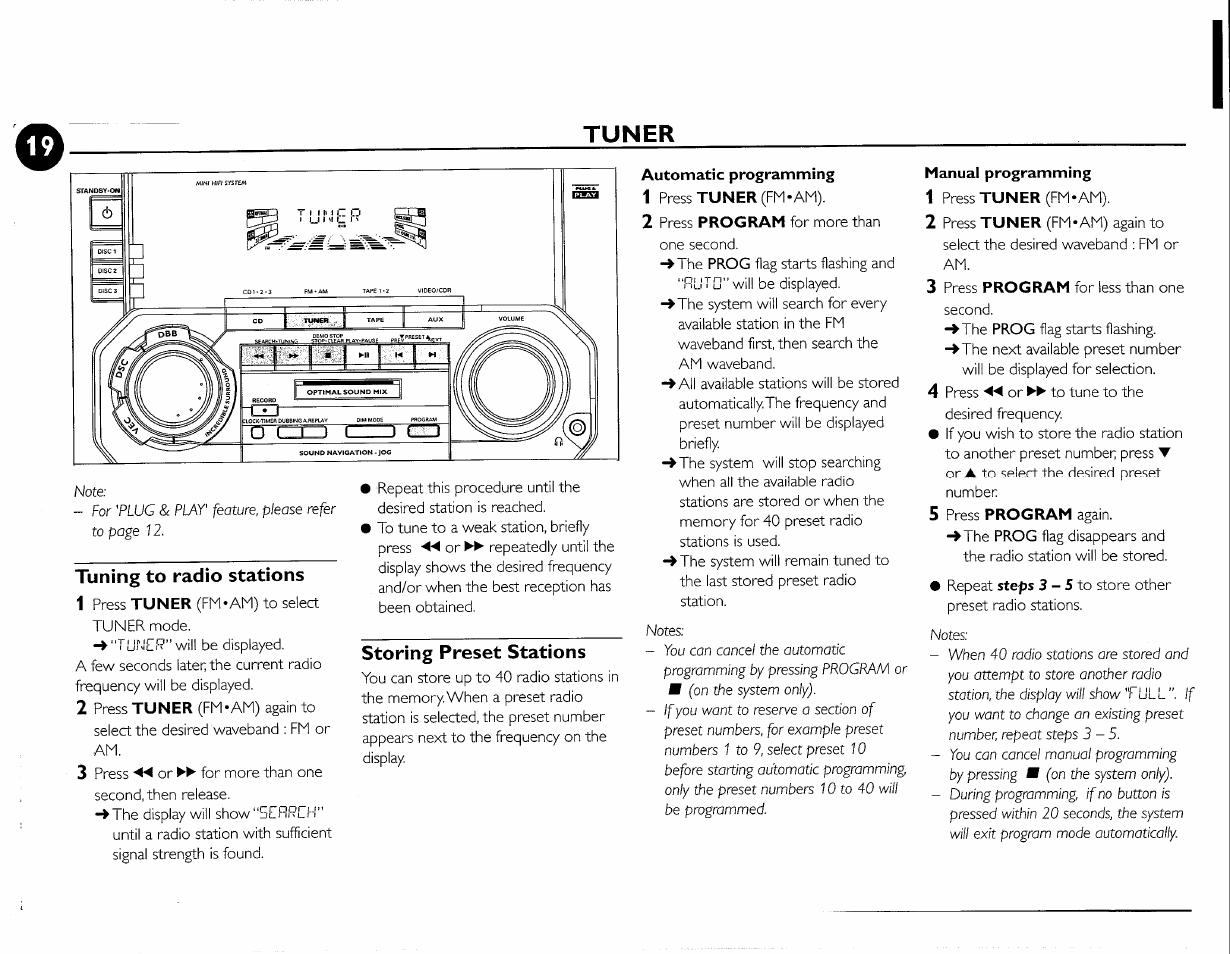 Tuner, Tuning to radio stations, Storing preset stations | Philips FWC380 User Manual | Page 39 / 180