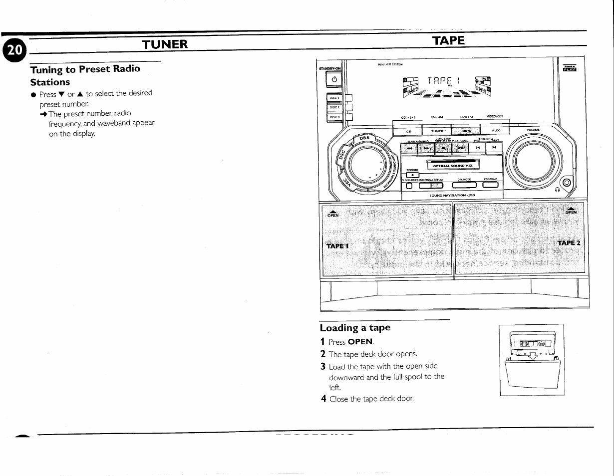 Tuner, Tuning to preset radio stations, Tape | Loading a tape | Philips FWC380 User Manual | Page 41 / 180