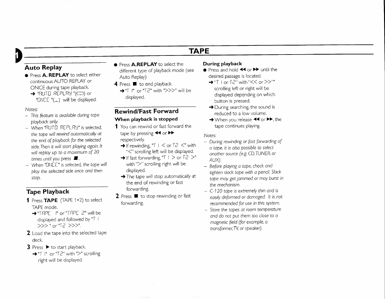 Tape, Auto replay, Tape playback | Rewind/fast forward | Philips FWC380 User Manual | Page 43 / 180