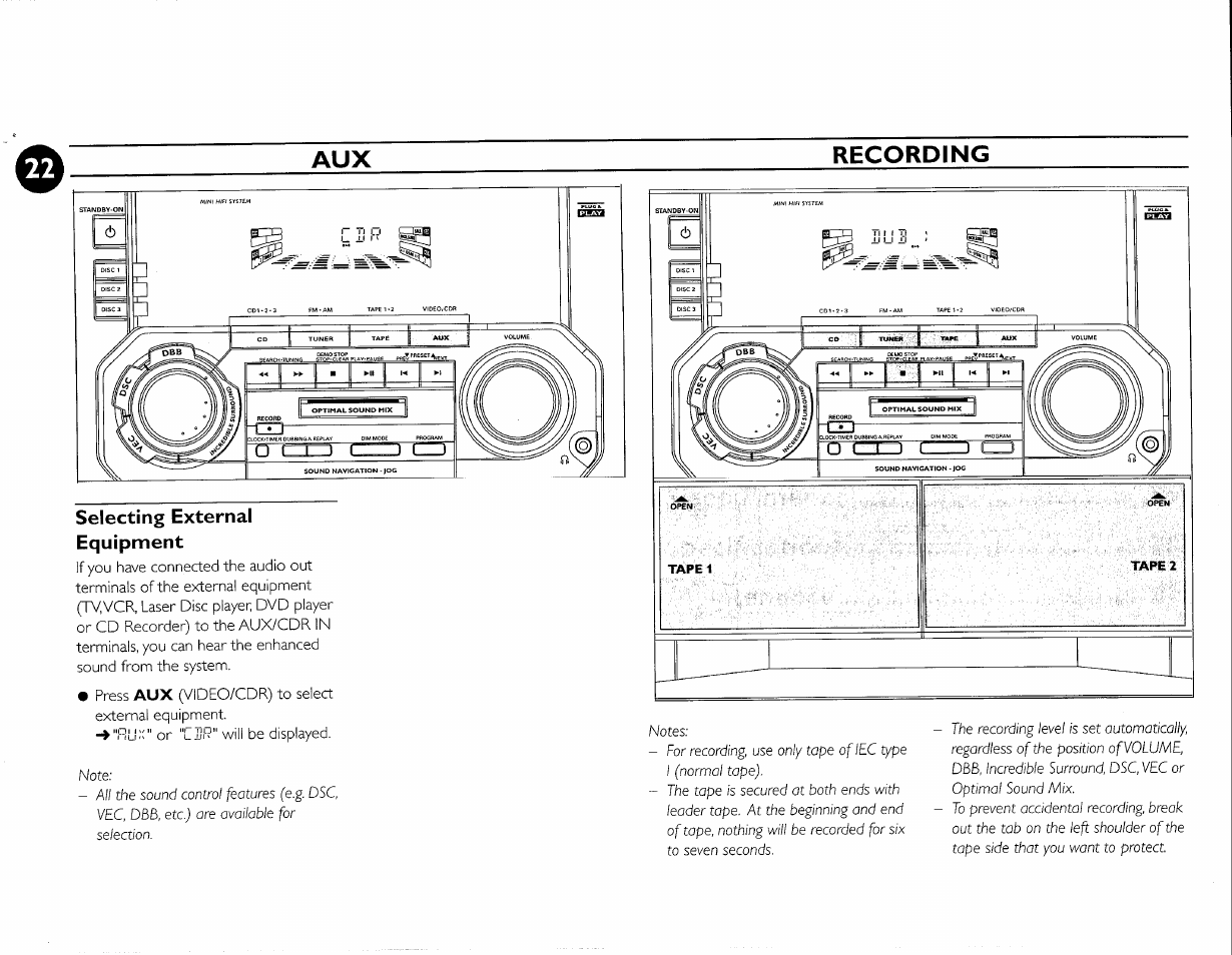 Recording, Selecting external equipment, Aux recording | Philips FWC380 User Manual | Page 45 / 180