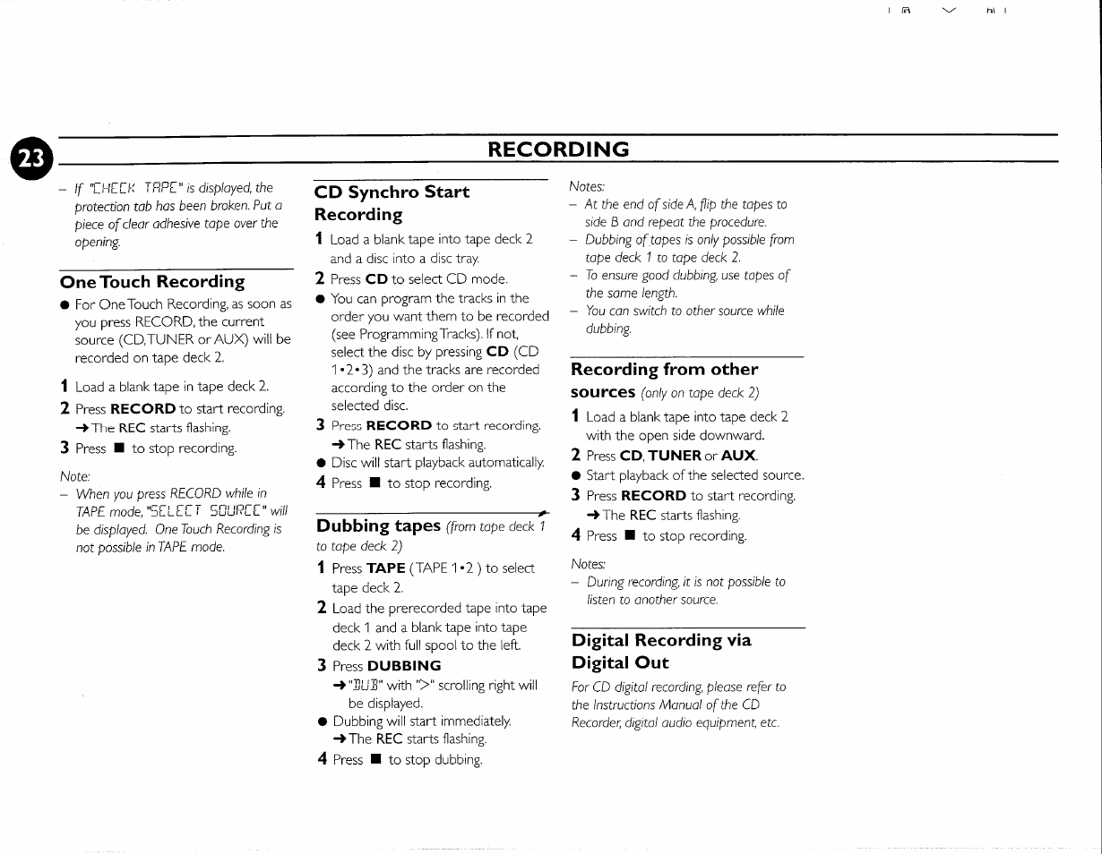 Recording, One touch recording, Cd synchro start recording | Recording from other, Digital recording via digital out, Dubbing tapes, Recording from other sources | Philips FWC380 User Manual | Page 47 / 180