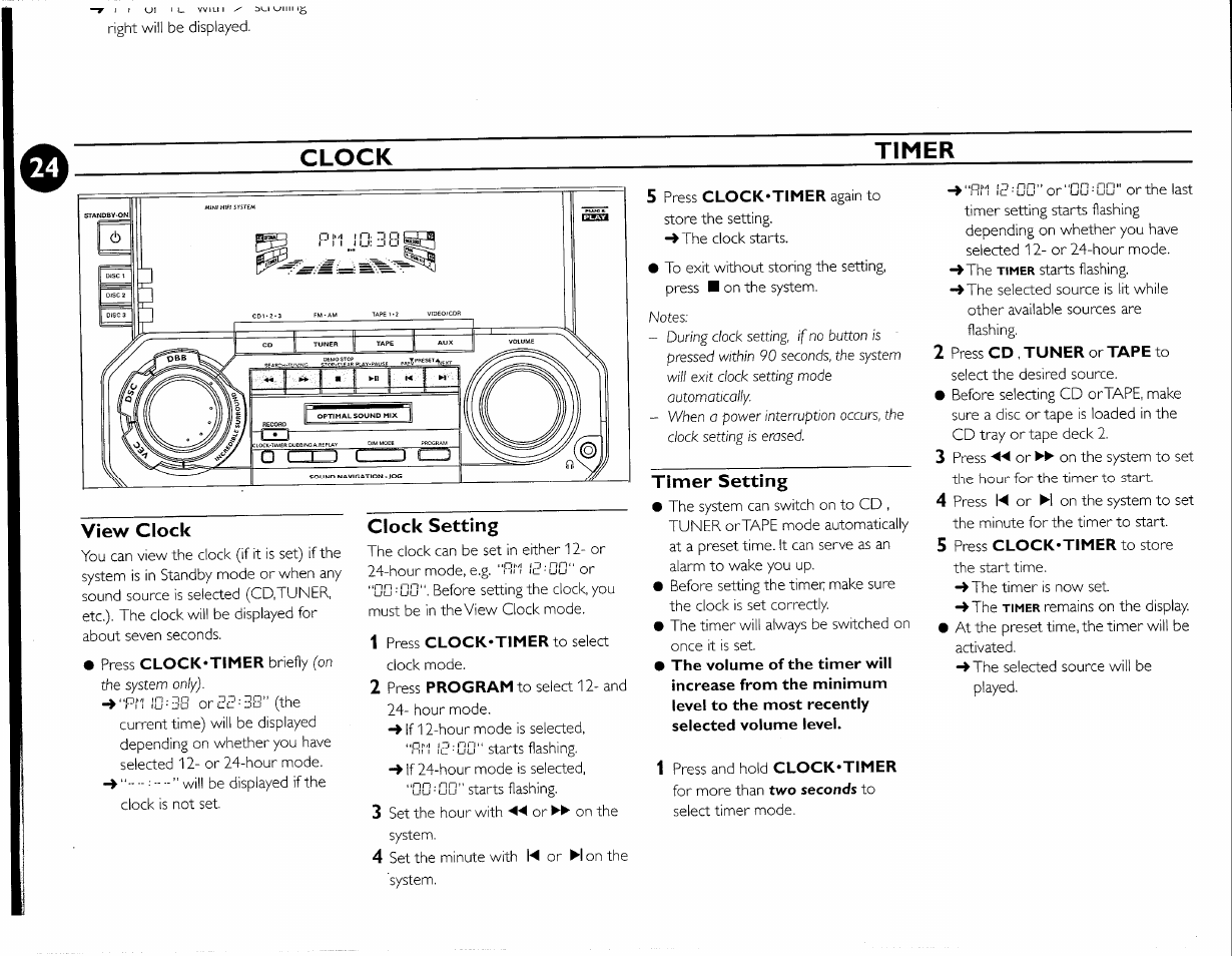 Clock, View clock, Clock setting | Timer setting, Clock timer | Philips FWC380 User Manual | Page 49 / 180