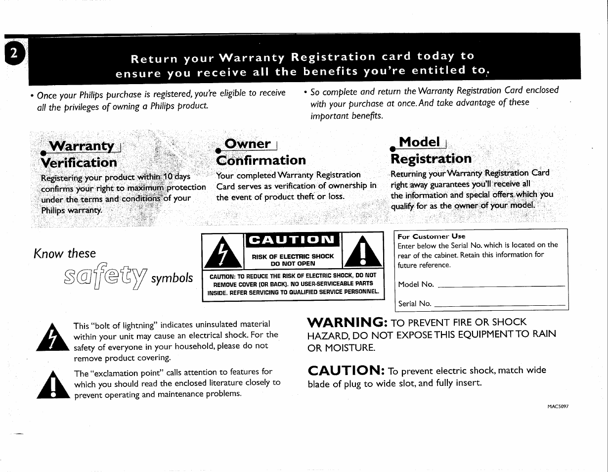 Warranty i verification, Owner i confirmation, Model i registration | Warning, Caution | Philips FWC380 User Manual | Page 5 / 180