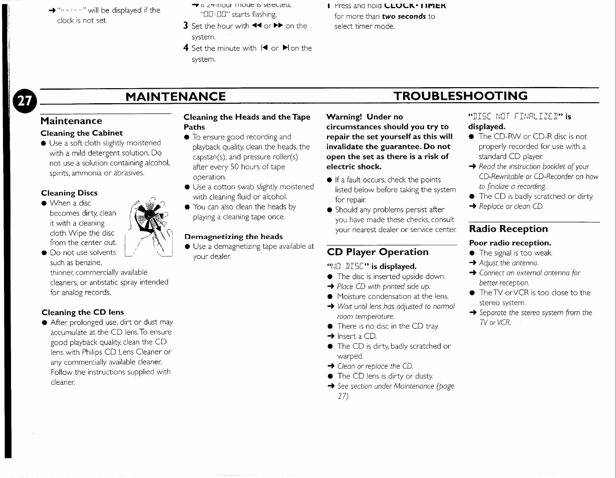 Maintenance, Troubleshooting, Cd player operation | Radio reception, Maintenance troubleshooting | Philips FWC380 User Manual | Page 55 / 180