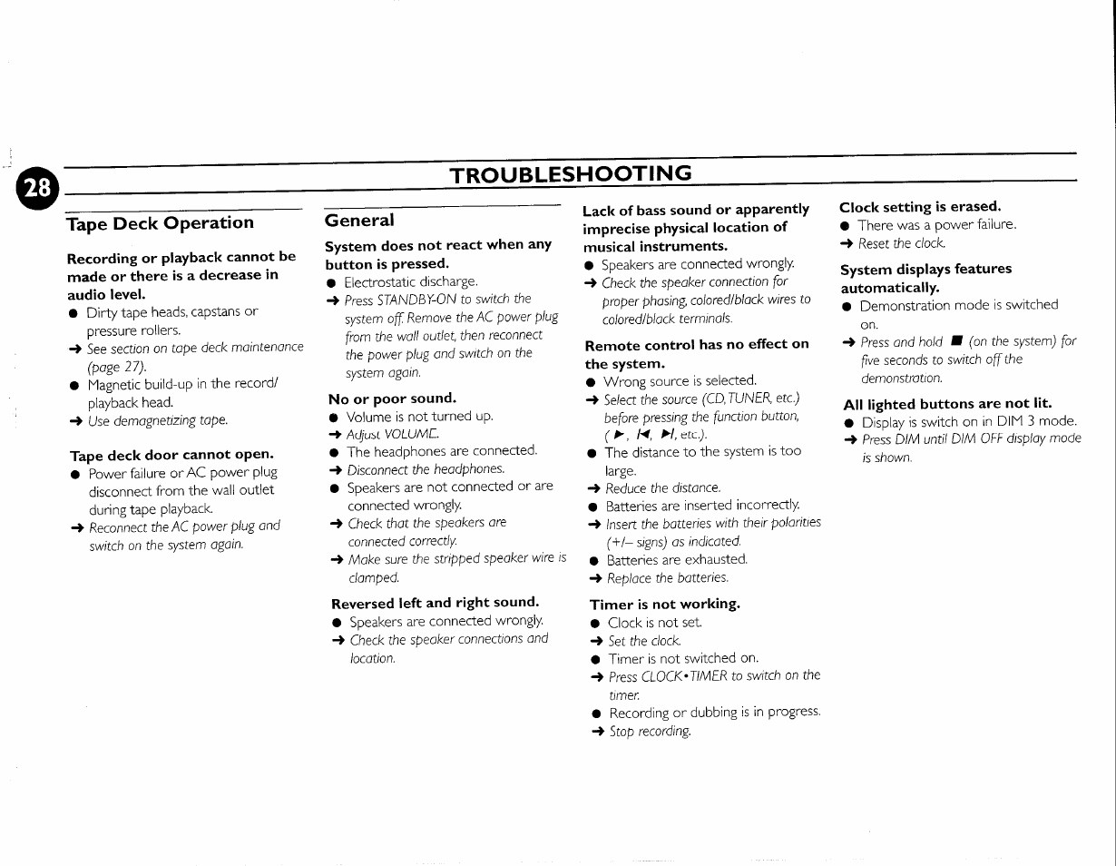 Troubleshooting, Tape deck operation, General | Philips FWC380 User Manual | Page 57 / 180