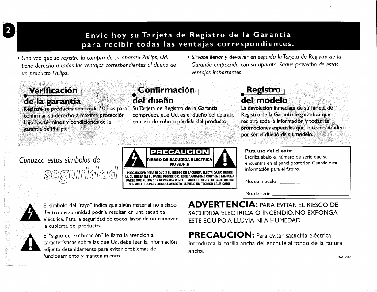 Verificación i, De la garantía, Confirmación i | Del dueño, Registro i del modelo, L-j=j=|.iail.j|.kir, Advertencia, Precaucion | Philips FWC380 User Manual | Page 65 / 180