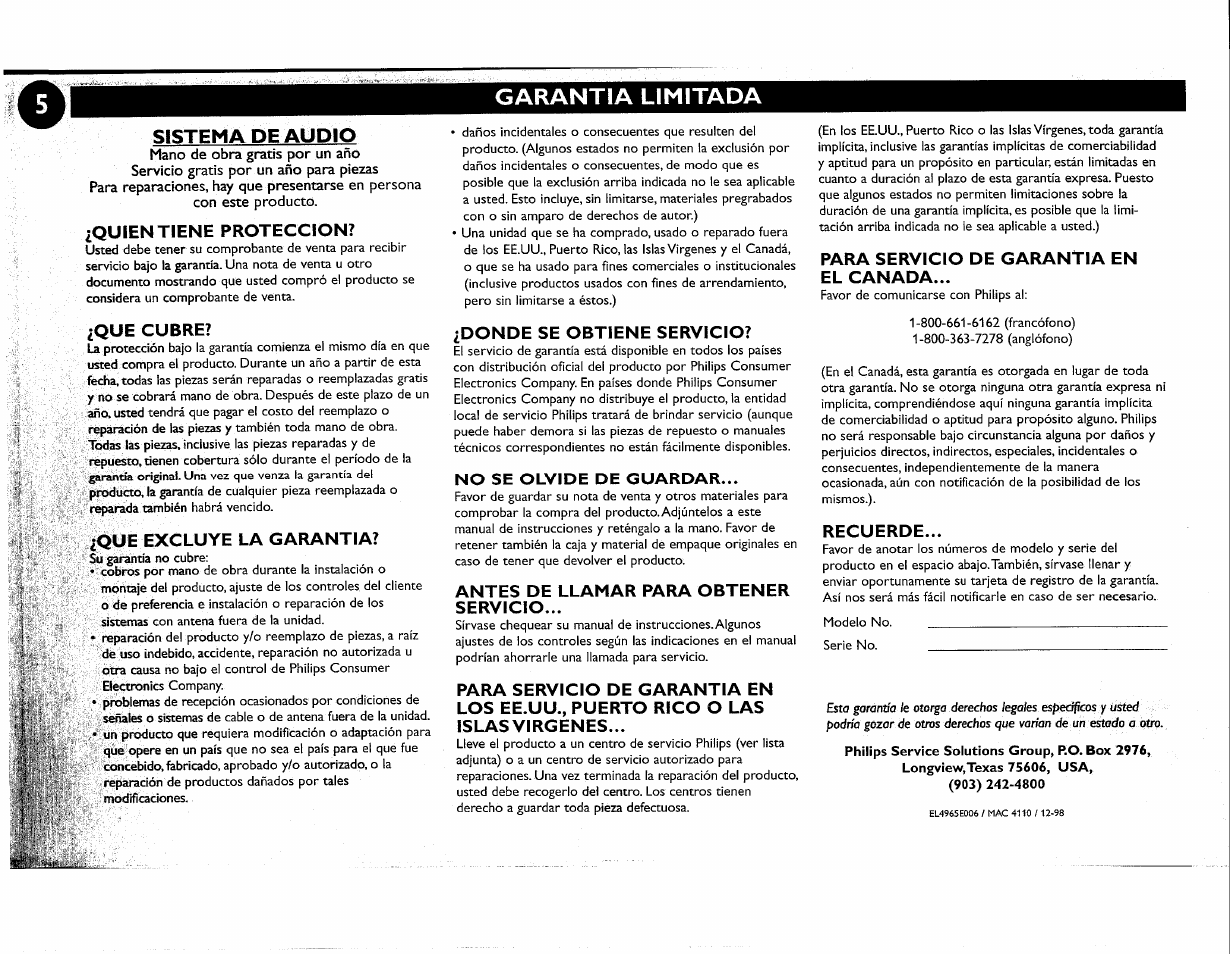 Sistema de audio, Garantia limitada | Philips FWC380 User Manual | Page 71 / 180