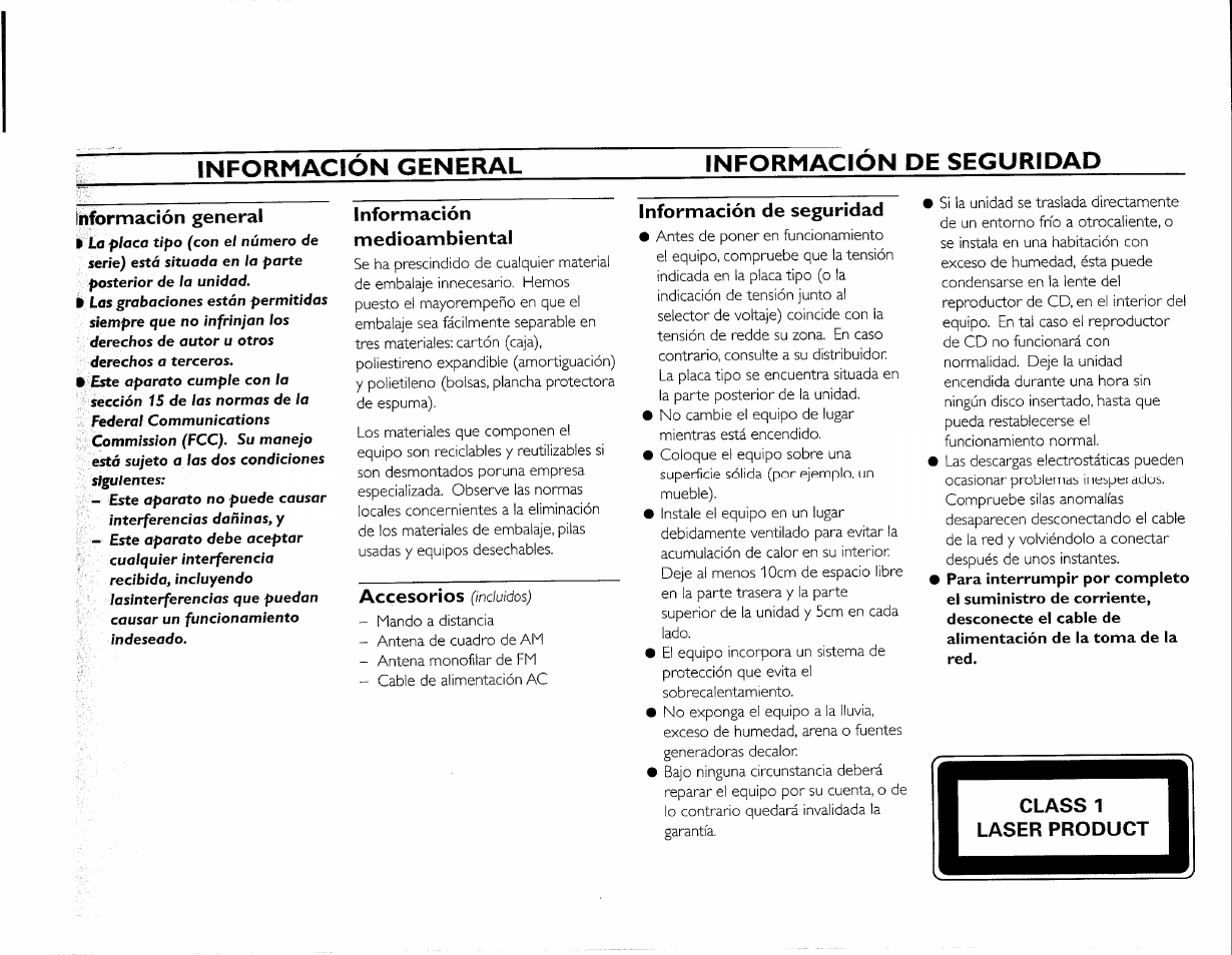 Información general, Información, Medioambiental | Información de seguridad, Informacion general informacion de seguridad, Información medioambiental, Accesorios | Philips FWC380 User Manual | Page 75 / 180