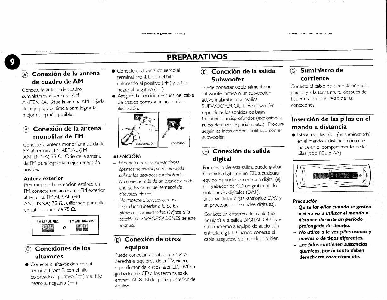 Preparativos, Conexión de la antena de cuadro de am, D conexión de la antena monofilar de fm | C) conexiones de los altavoces, Conexión de otros equipos, D conexión de la salida subwoofer, Conexión de salida digital, Suministro de corriente, Inserción de las pilas en el mando a distancia | Philips FWC380 User Manual | Page 79 / 180