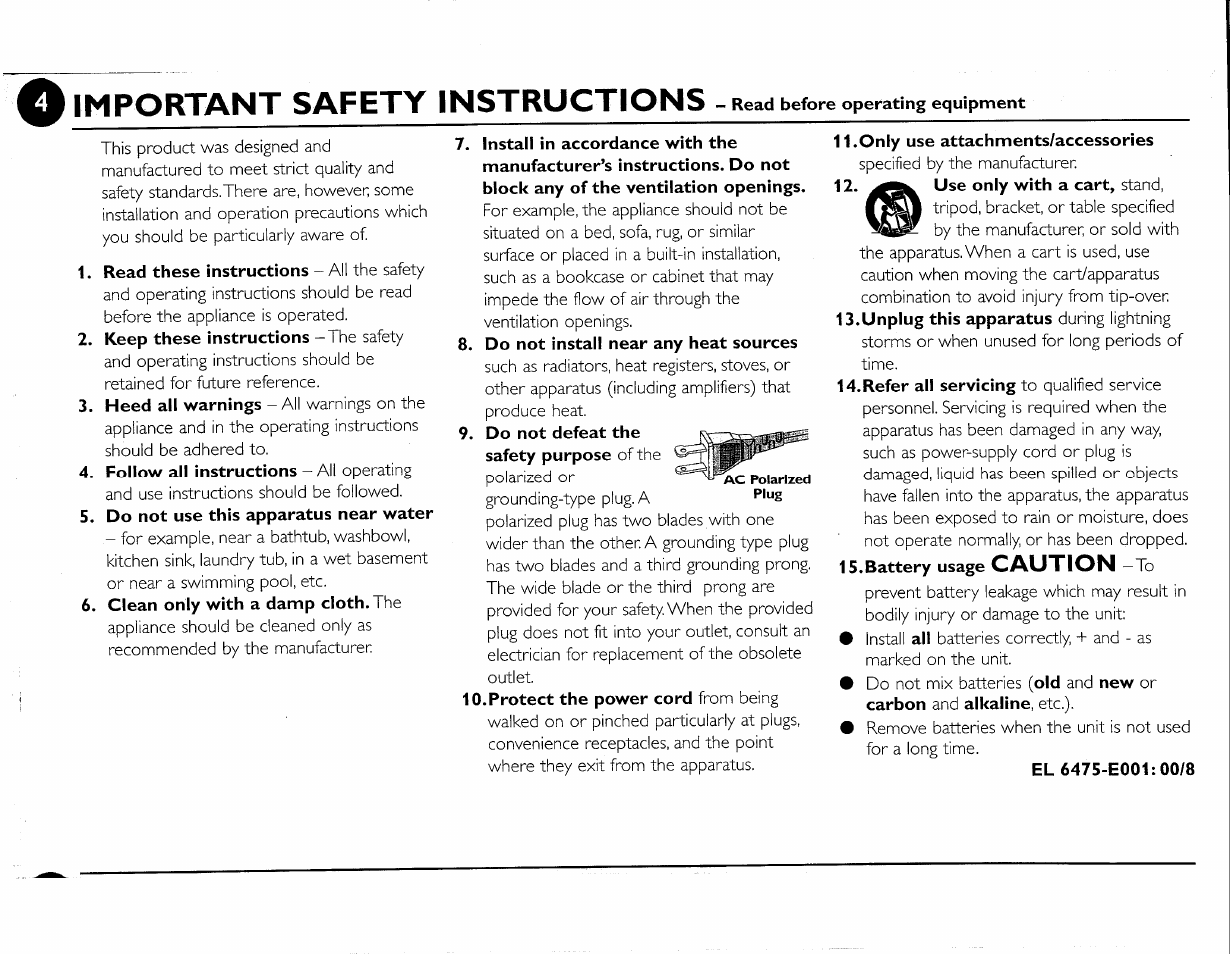 O important safety instructions, Caution | Philips FWC380 User Manual | Page 9 / 180