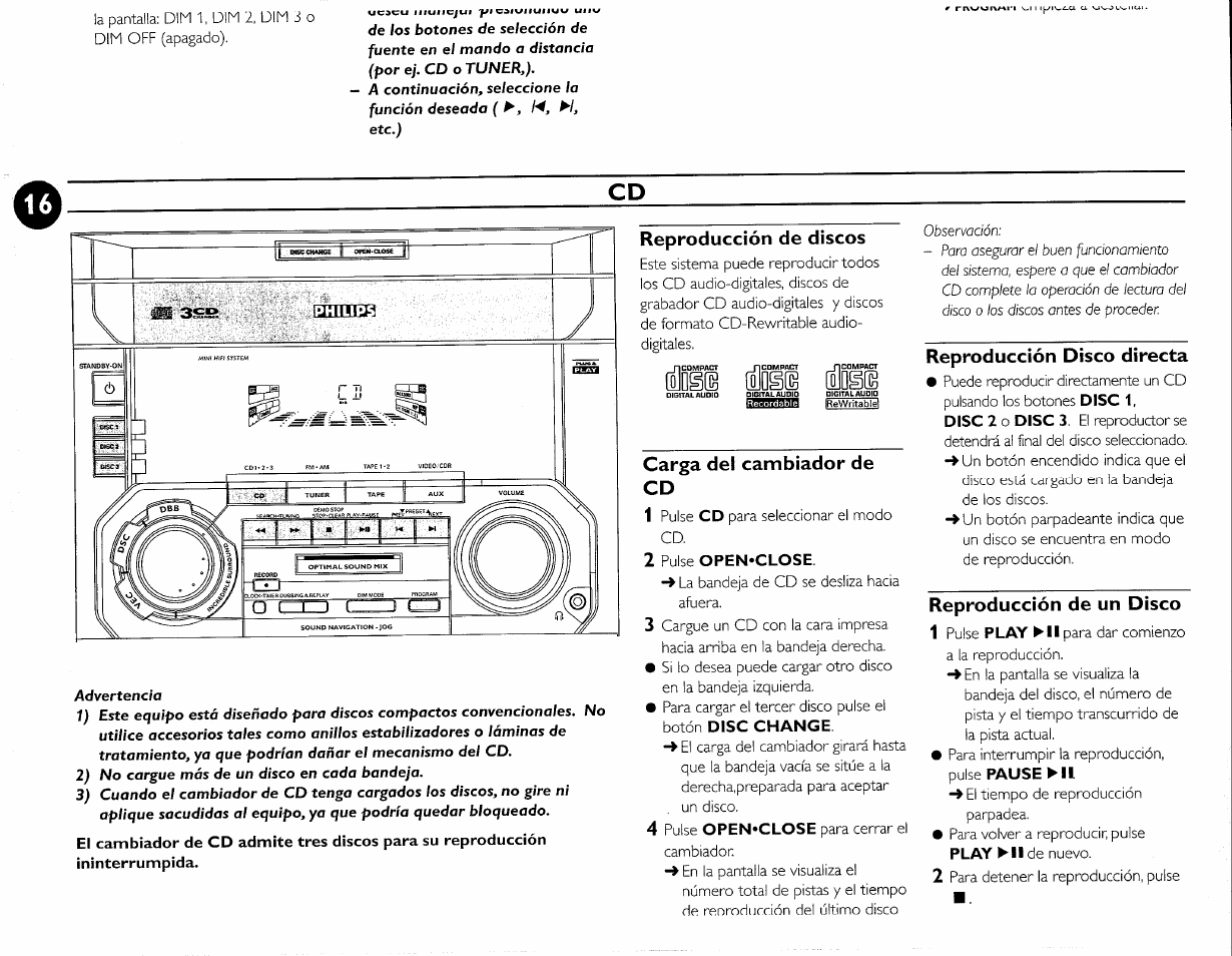 Reproducción de discos, Carga del cambiador de cd, Reproducción disco directa | Reproducción de un disco, Ojd§e | Philips FWC380 User Manual | Page 93 / 180