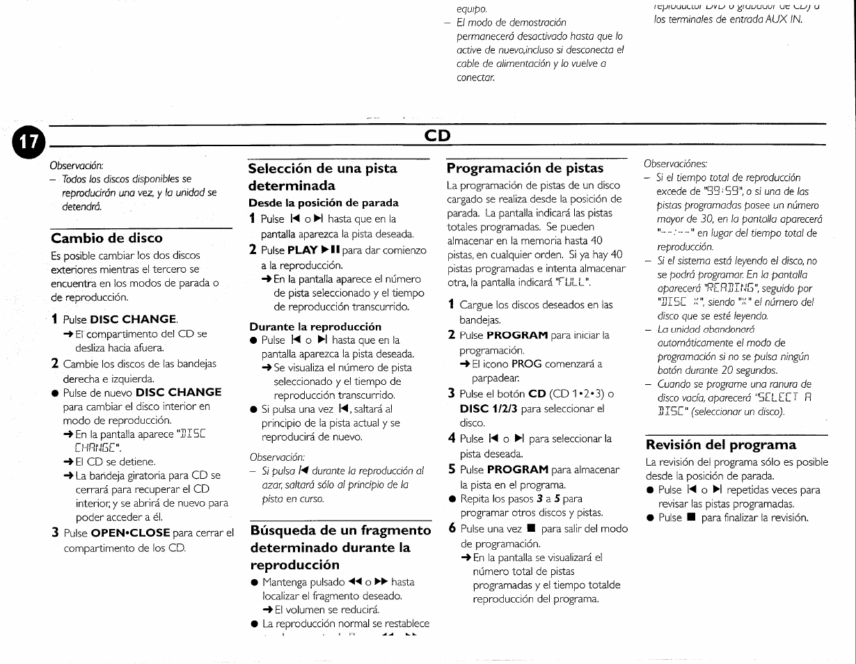 Cambio de disco, Selección de una pista determinada, Programación de pistas | Revisión del programa | Philips FWC380 User Manual | Page 95 / 180