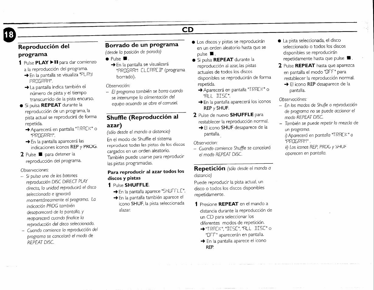 Reproducción del programa, Borrado de un programa, Shuffic (reproducción al azar) | Repetición | Philips FWC380 User Manual | Page 97 / 180