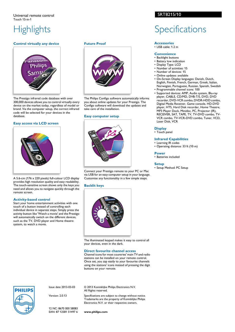 Highlights, Specifications | Philips Prestigo SRT8215 User Manual | Page 2 / 2