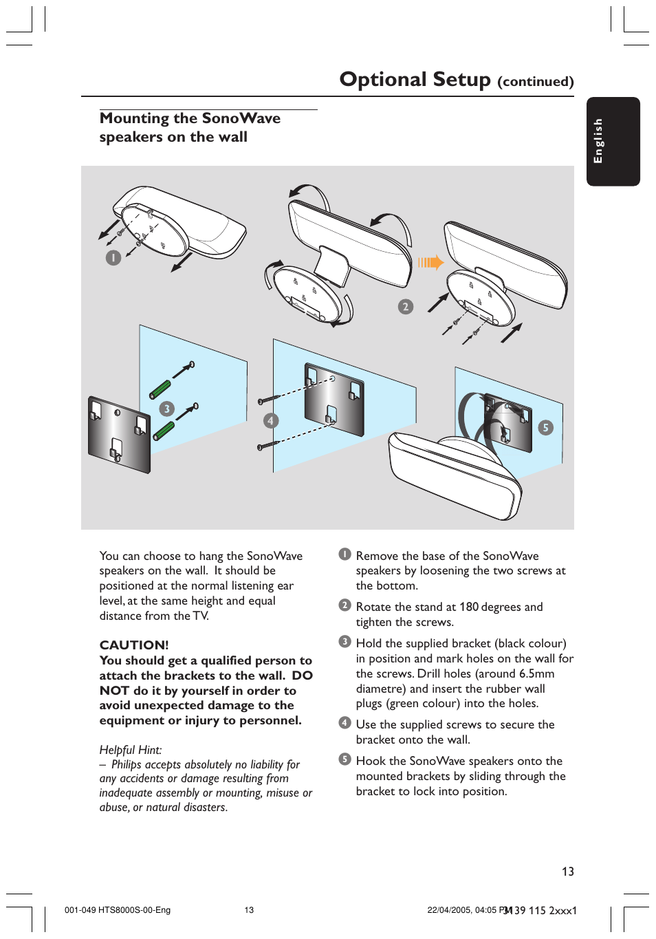 Optional setup, Mounting the sonowave speakers on the wall 1 | Philips HTS8000S User Manual | Page 13 / 49
