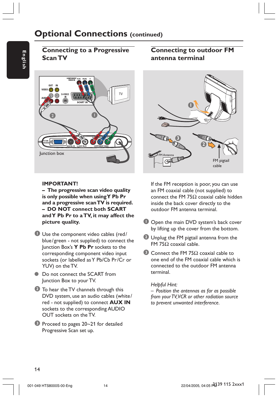 Optional connections, Connecting to a progressive scan tv, Connecting to outdoor fm antenna terminal | Continued) | Philips HTS8000S User Manual | Page 14 / 49