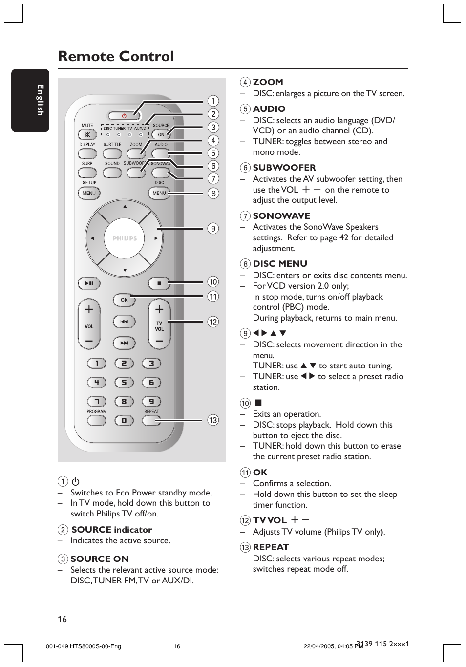 Remote control | Philips HTS8000S User Manual | Page 16 / 49