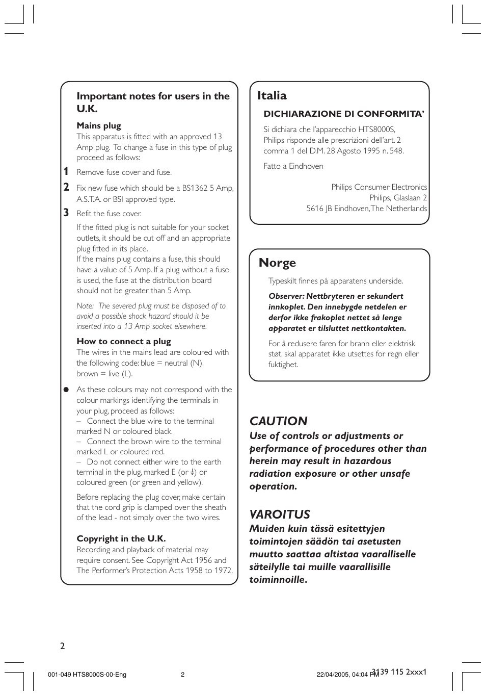 Norge, Italia, Caution | Varoitus | Philips HTS8000S User Manual | Page 2 / 49