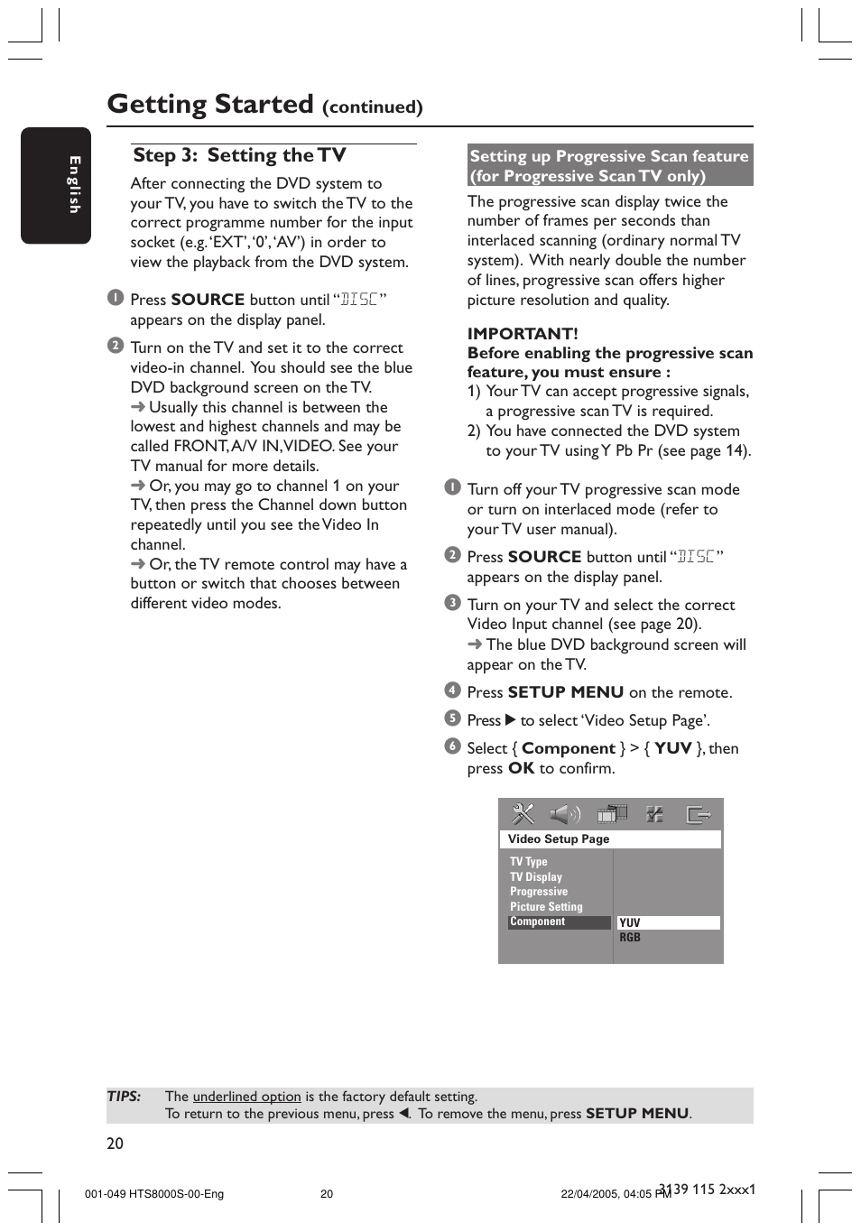 Getting started, Step 3: setting the tv | Philips HTS8000S User Manual | Page 20 / 49