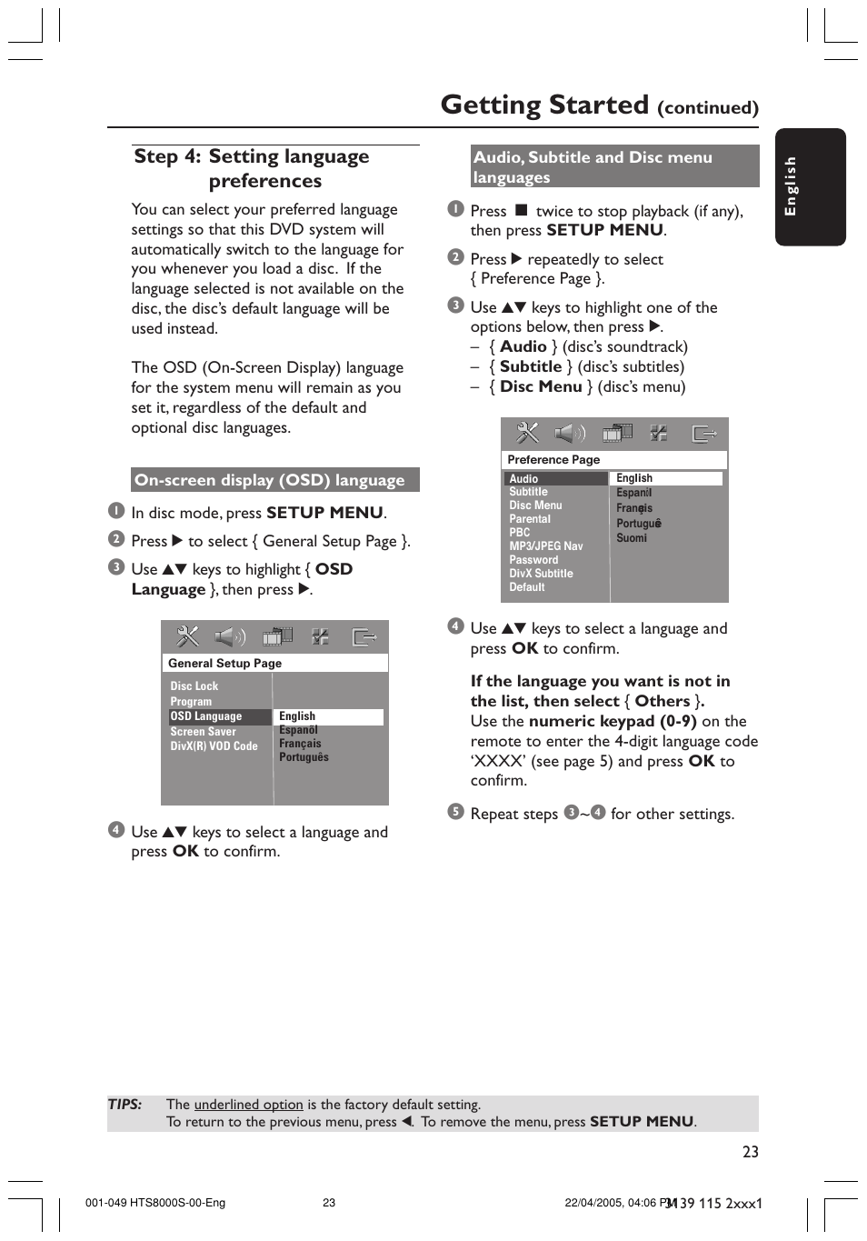 Getting started, Step 4: setting language preferences, Continued) | Philips HTS8000S User Manual | Page 23 / 49