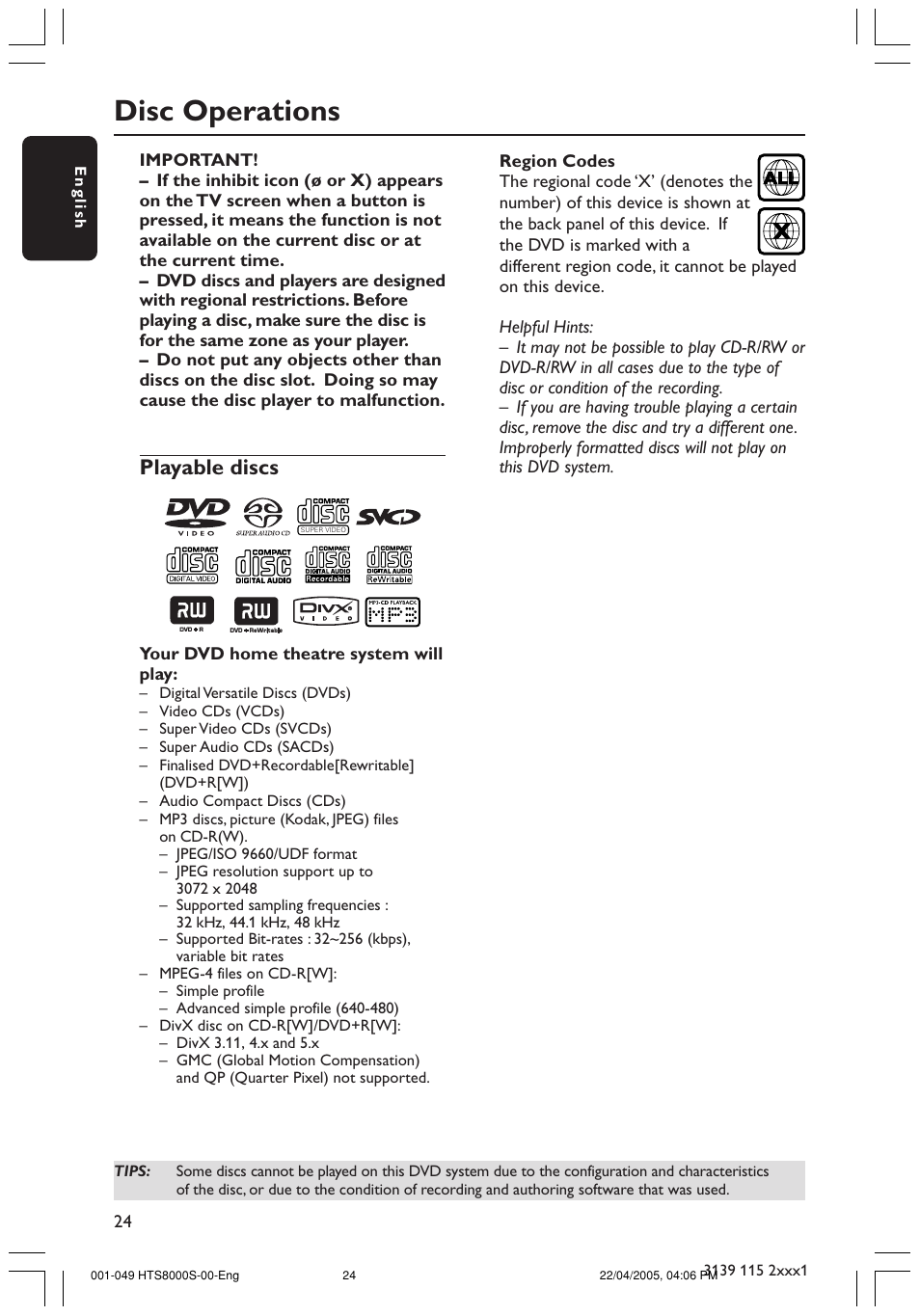 Disc operations, Playable discs | Philips HTS8000S User Manual | Page 24 / 49