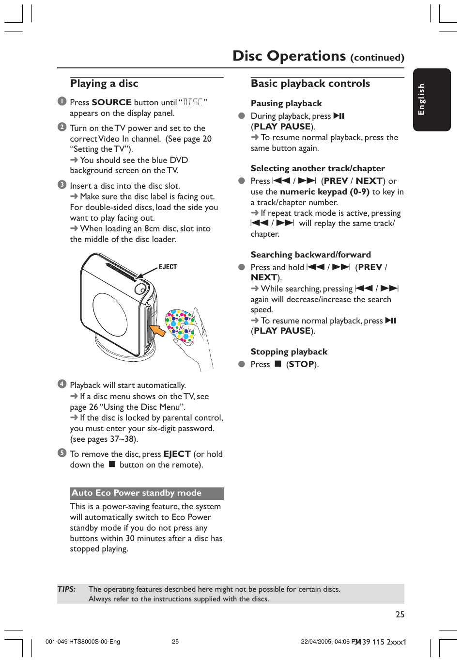 Disc operations, Playing a disc 1, Basic playback controls | Philips HTS8000S User Manual | Page 25 / 49