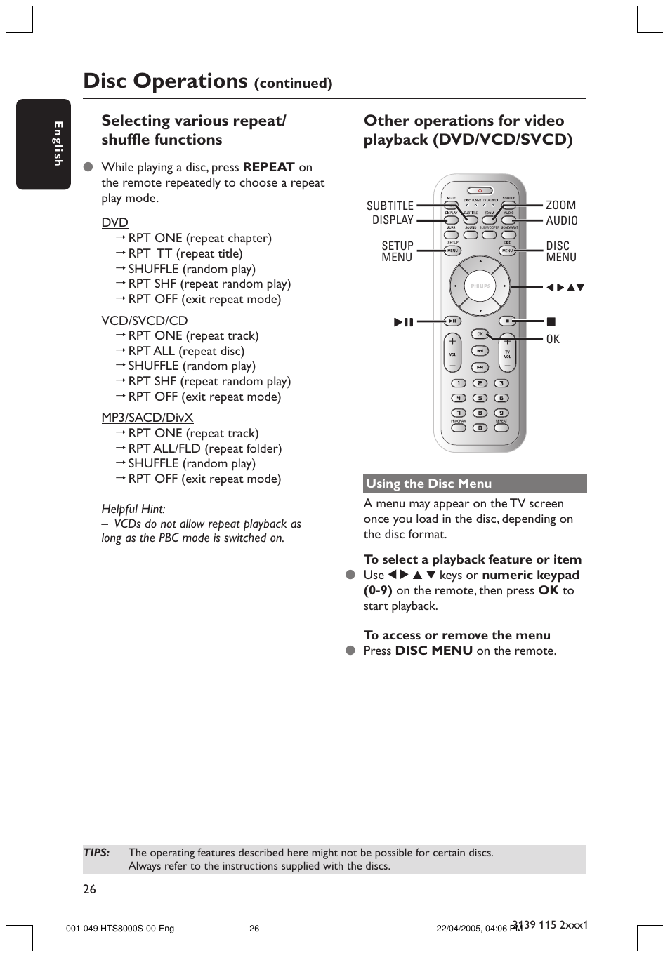 Disc operations, Selecting various repeat/ shuffle functions, Other operations for video playback (dvd/vcd/svcd) | Philips HTS8000S User Manual | Page 26 / 49