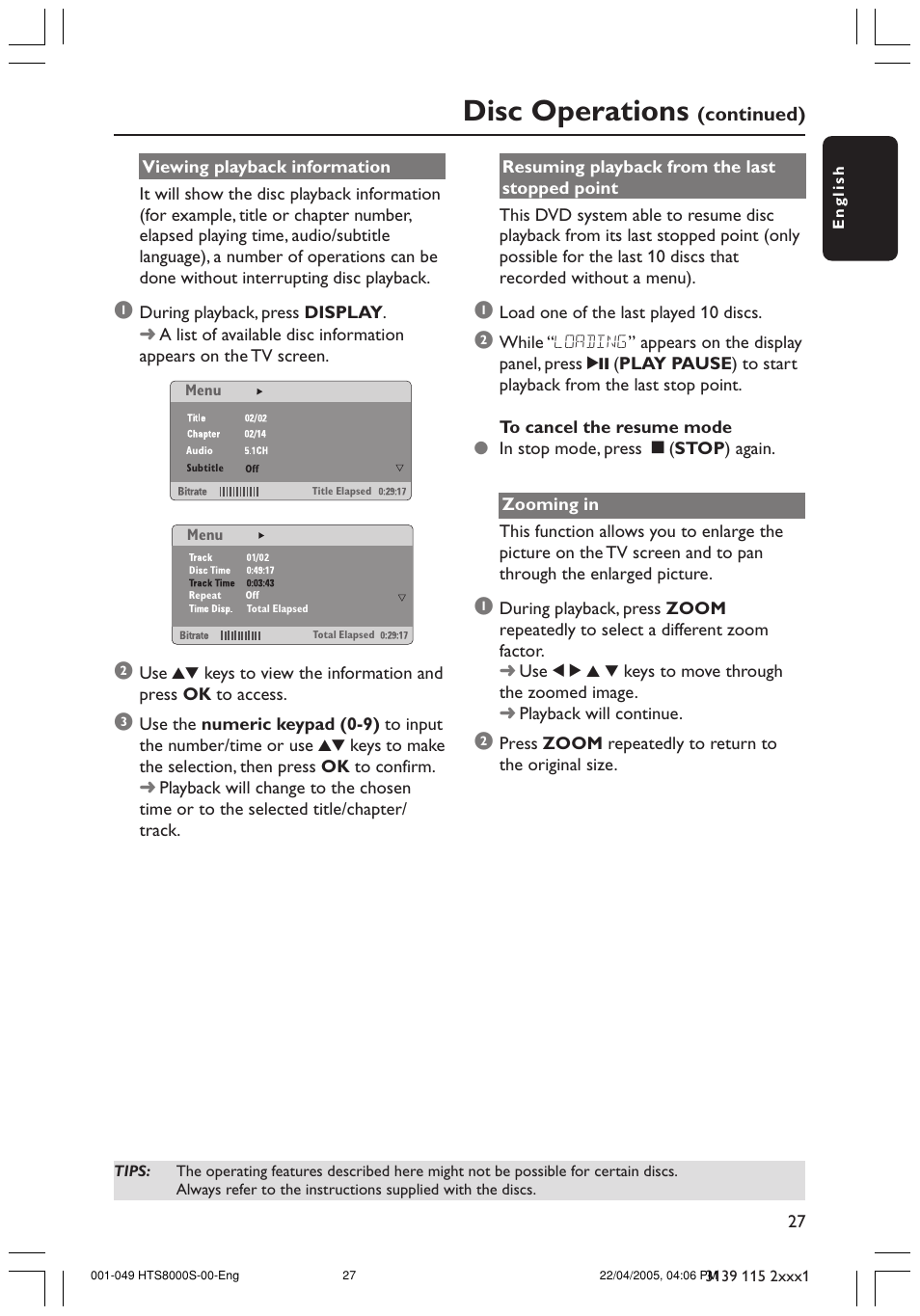 Disc operations | Philips HTS8000S User Manual | Page 27 / 49