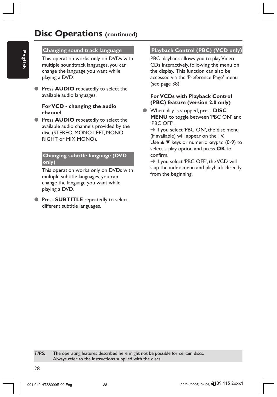 Disc operations | Philips HTS8000S User Manual | Page 28 / 49